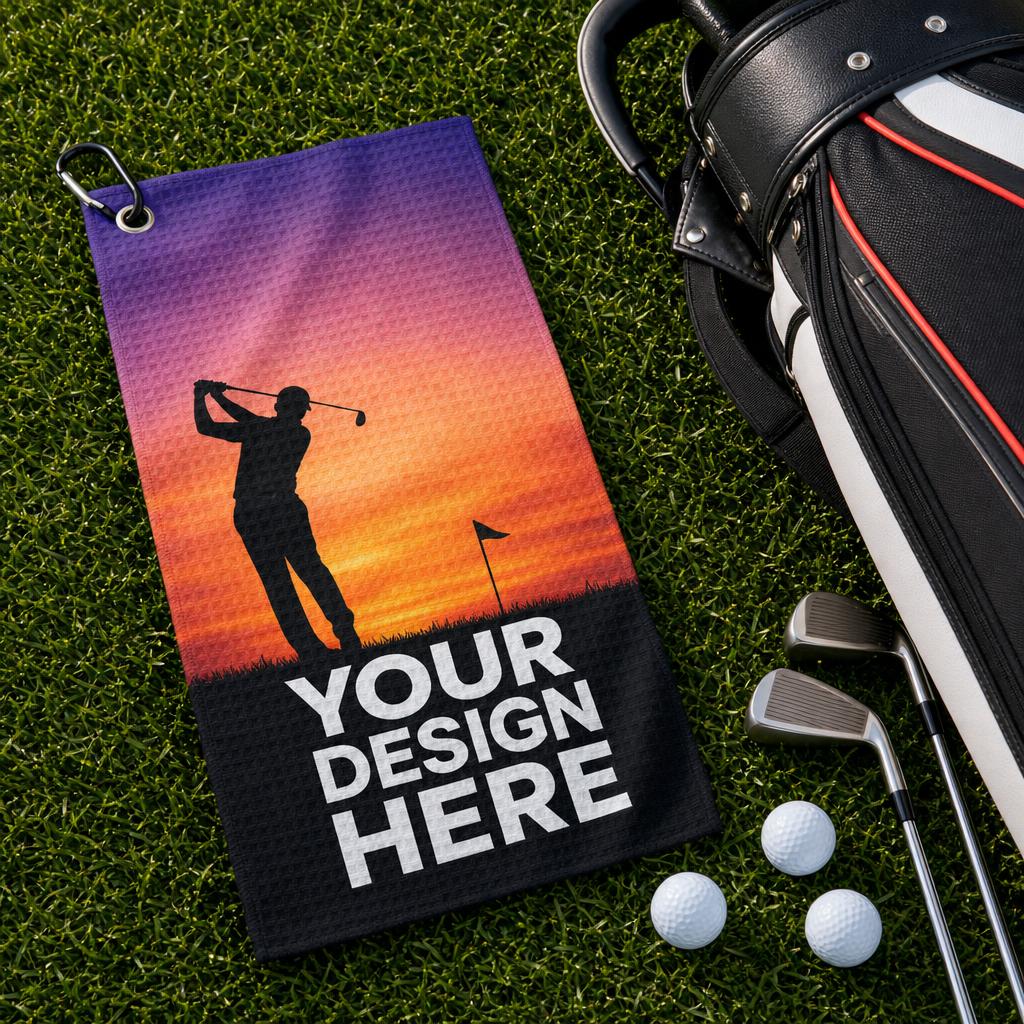 12"x 20" Sublimated Microfiber Waffle Golf Towels w/ Grommet & Carabiner